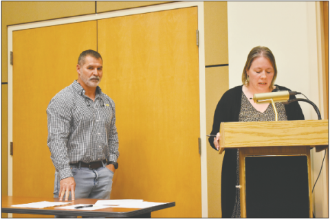 School Board Chairman Jason Shook accompanies Supt. of Schools Melissa Godfrey as she details the schools’ request for local funding during the April 3 county commission meeting.