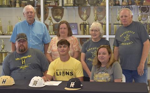 Gary Corsair • Clay County Progress Hayesville standout student/athlete, Tate Roberts, is joined by, front, from left, Jason Roberts, Tate and Anisa Roberts; back, Don Roberts, Melissa Roberts, Betty McKinney and Carroll McKinney as he commits to attend Bryan College, where he will play baseball.