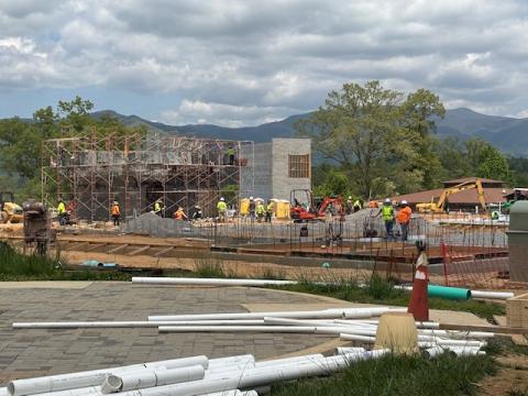 Melissa Godfrey • Photo Work continues on the new Hayesville Intermediate School. A concrete elevator shaft and scaffolds for vertical work were visible in April.