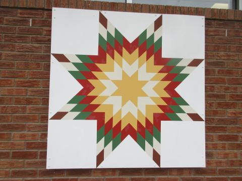 The Moss Memorial Library is home to one of the first 4 x 4 foot Barn Quilts displayed in downtown Hayesville. Colors are still vibrant after years on outside display and used as background for many photos.