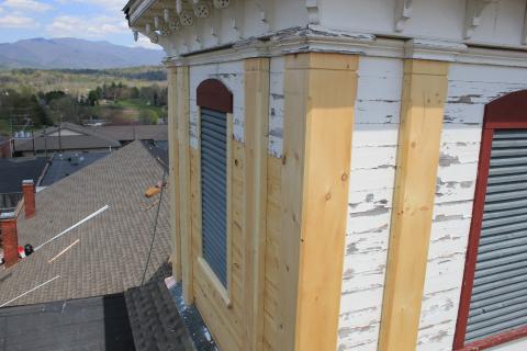 The tower on The Beal Center, formerly Clay County's Courthouse may be seen from several places around Hayesville. Bob Hanson, of the Courthouse Restoration Committee, explained, "The gray on the tower house is new because that color was revealed under the layers of paint that were removed. We tried to make the historical restoration as best we could to be historically accurate.