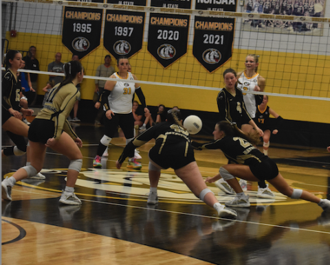 Callie Long • Clay County Progress Danielle Anderson, No. 45, and Savannah Burch, No. 25, attempts to save the ball.