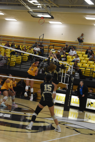Callie Long • Clay County Progress Graesyn Williamson, No. 15, spikes the ball forcefully in attempt to score a point.