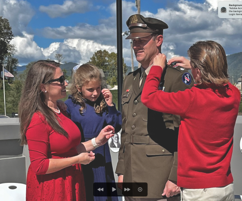 Clay Woody receives help pinning his stars from his wife, Lauren, daughter Carolina and son, Isaac during his promotion ceremony at the Veterans Memorial Park on Friday afternoon.