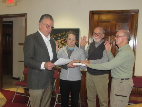 Lorraine Bennett • Clay County Progress  Rep. Gillespie administers the oath of office to returning Town Council Members, Lauren Tiger, Joe Slaton and Harry Baughn.