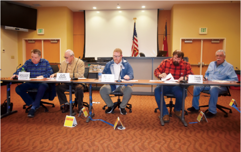 Becky Long • Clay County Progress County commissioners on Jan. 8 enacted an ordinance to prohibit commercial data centers from operating in Clay County which was supported by the vast majority of the audience. From left, Scotty Penland, Clay Logan, Chairman Rob Peck, Vice-Chair, Randy Nichols and Dwight Penland. 