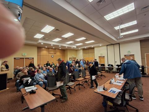 Becky Long • Clay County Progress A large group of citizens crowd into the commission meeting room of the courthouse Feb. 5. The majority of attendees, many of them property owners, would be in the path of the proposed TVA Transmission project plan centered around the Shooting Creek area. Several expressed concerns about their property rights and what the project would do to the views.  