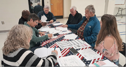 Becky Long • Clay County Progress Clay County Board of Election members meet with BOE Director Rebecca Hall and Deputy Director Patty Swanson for a canvass review before certifying the primary election, making the outcome official. Board members are, from left, Sue Yancey, Harold Holbrook, Chairman James Davis, Ed Ashe and Jerry Anderson.