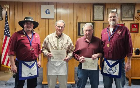 Clay Lodge members from left, are Joshua McConnell, Master; David Anderson; Dan McGlamery, P.M. and Preston Cabe, D.D.G.M.