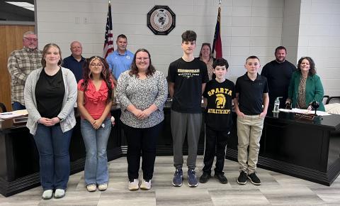 Angel Owens • Photo Clay County Schools Board of Education recognized Honor Band students during a regular meeting March 23, from left, Abigail McClure, Kassandra Gonzalez Machorro, Teacher Alexis Dockery, Charles McClure, John Anthony Worley and Aekley Postell; back, board member, Robert Caldwell; school board chairman, Jason Shook; Superintendent Melissa Godfrey, board members Josh Ashe and Kelly Crawford.