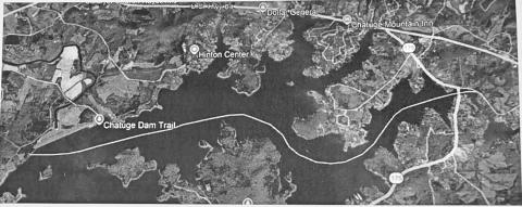 The conceptual route of a new transmission line across Lake Chatuge to support the planned Blue Ridge Mountain EMC Shooting Creek substation in Clay County.