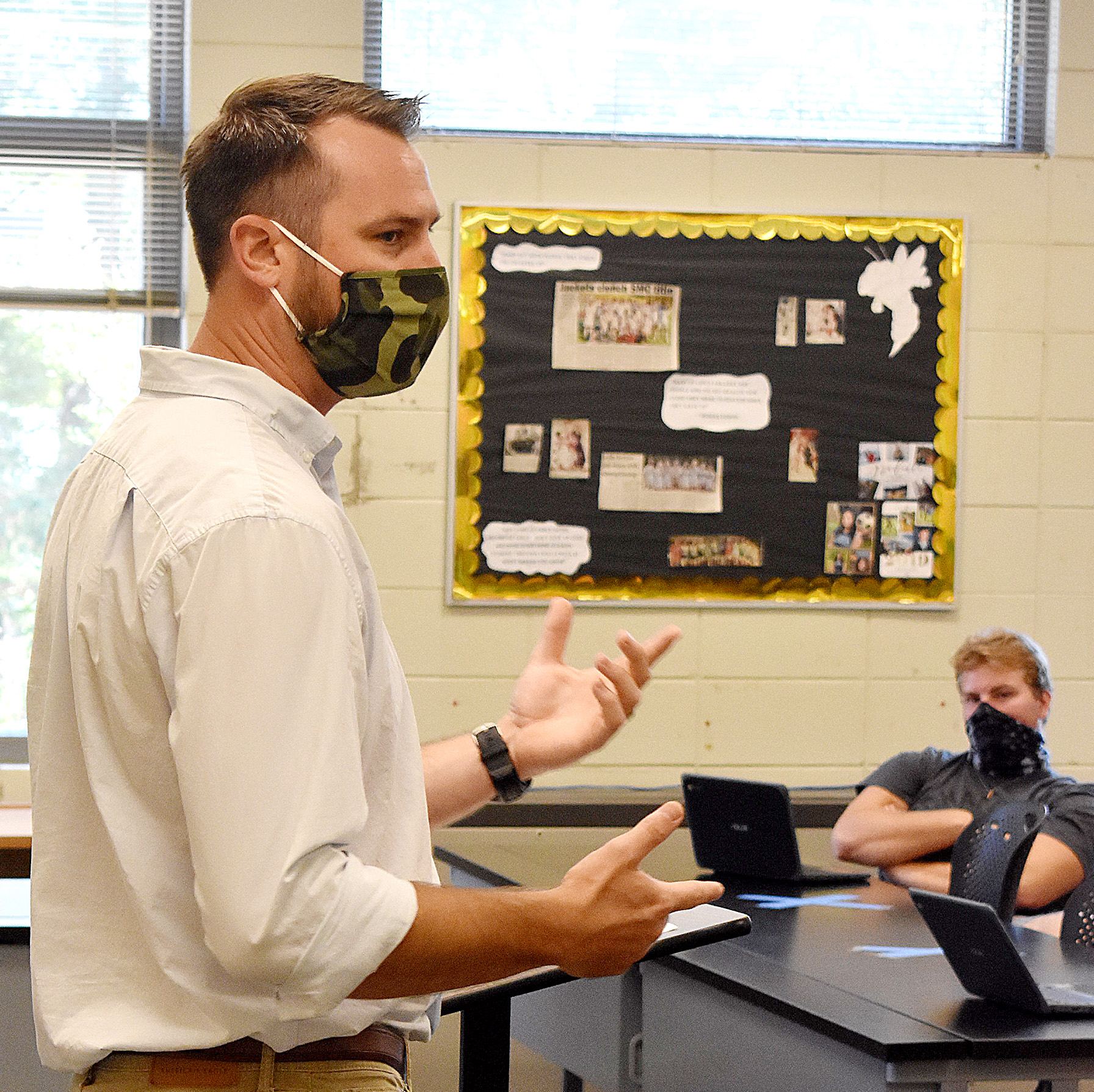 (Travis Dockery • Clay County Progress) Hayesville High School’s Will Penland stands in front of students for the first time since school was shut down in March.