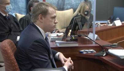 Destin Hall, R-Caldwell, testifying during a trial addressing N.C. election maps. (Photo from WRAL.com pool video)