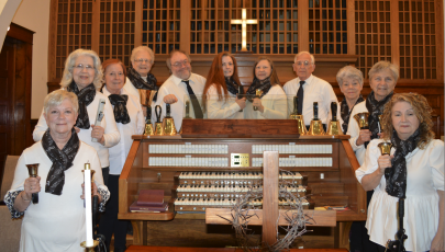 Valley River Ringers are from left, Diane Barfield, Susie Evans,  Luann Bryans, Nancy Jo Willis, Noah Woods, Catie Bryans, Michelle Crawford, Keith Bruce, Suzi Perkins, Anita Sloan and Suzanne West, director.