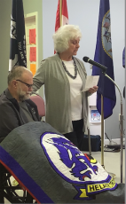 Deby Jo Ferguson • Clay County Progress Marie Leduc offers many thanks on behalf of husband George Leduc as he receives the distinguished Quilt of Valor.