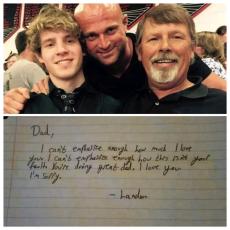 Ricky Johnson stands between his teenage son, Landon, who died by suicide at 18, and Ricky's stepfather, Darrell Jones. The note Landon left for his dad is part of what Johnson shares as he speaks about  consequences, perseverance and hope, including information about his own substance use, incarceration and his son's suicide.