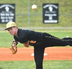 Gary Corsair • Clay County Progress Braxton Cherry fires another strike during a commanding, no-hit, six strikeout performance at Robbinsville.