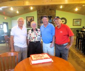 Richard Woodruff, Doug Stuart, Steve Christie and Lee Durham celebrate a landmark with the 90th birthday of Doug Stuart at the Chatuge Shores Men’s Golf Association.