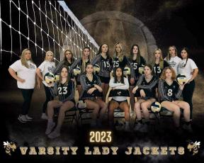 Varsity Volleyball team members are, from front, left, Maddie Graves, Bryleigh Krieger, Phoebe Pietila, Olivia Gidden and Brittany Jack: back, Coach Tammy Dills, Manager Daylyn Murray,Lily Trout, Ava Shook, Mallory Peck, Ella Matheson, Madison Moore, Raylyn Taylor, Managers Addison Sorrells and Paylyn Denton.