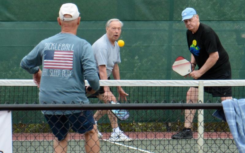 (Sally Brock • Clay County Progress) Fred Sickel, left and Steve Champ battle the competition on their way to gold in their age bracket.