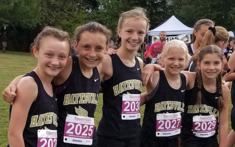 (Submitted • Clay County Progress) From left, Macy Dupriest, Emma Ashe, Raelynn Wood, MadaLynn Murray and Leah Thomas are smiles after winning their meet in Robinsville.