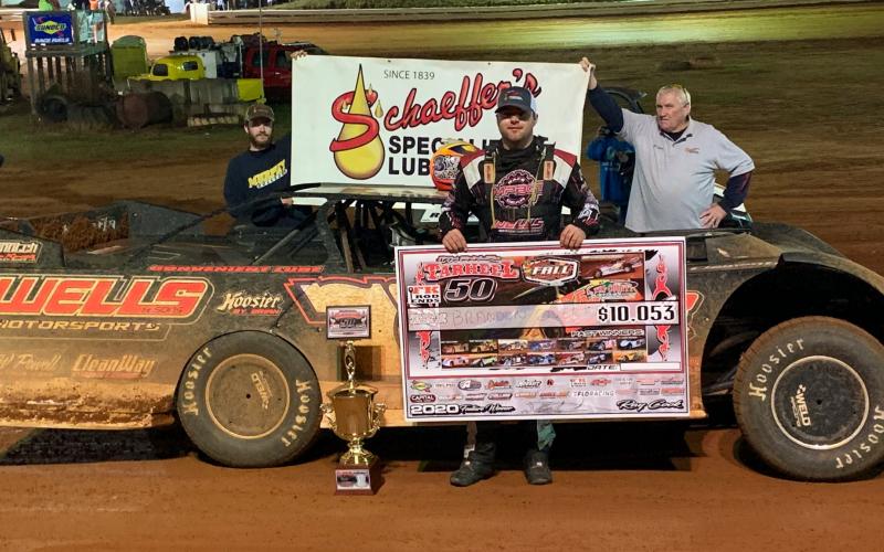 Brandon Overton stands in victory lane after winning his second consecutive “Tarheel 50.” (Cole Perkins • Photo submitted)