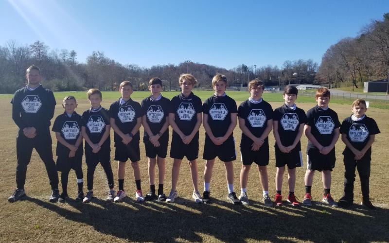 (Amy Shelton • Submitted) Hayesville Middle School’s Yellow Jacket cross country team is made up of, from left, coach Andy Carter, Jacob Cody, Noah Carter, Jackson Dye, Tyler Fuller, Lance Coats, Kyle Shaheen, EJ Abrams, Cannon Brewer, Silas Lovingood and Parker Hughes.