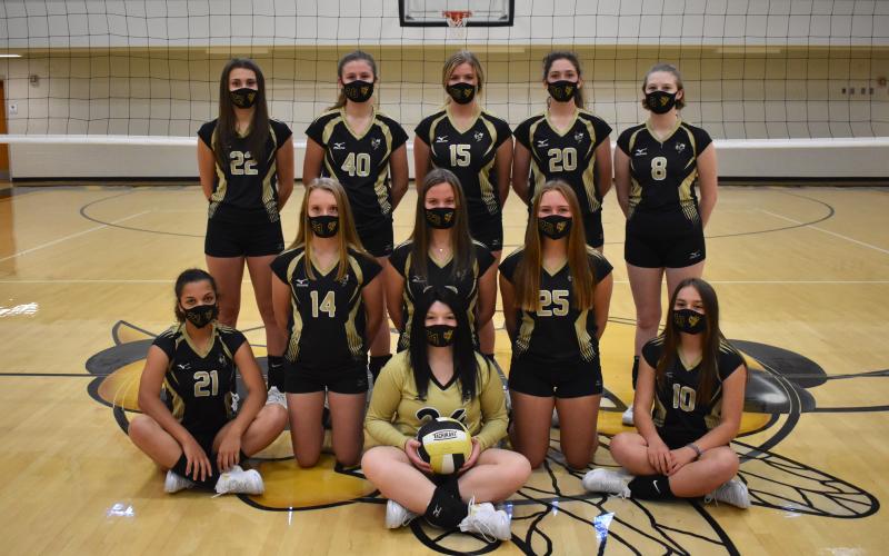 (Travis Dockery • Clay County Progress) The JV team representing HHS this season includes, first row, Gracie Perry. Second row, from left, Jayden Moore, Addison Burch, Morgan Crawford, Lily Trout and Lila Roberts. Third row, Katie Pierce, Macie Parker, Broghan Krieger, Madison Martin and Trinity Frias. 