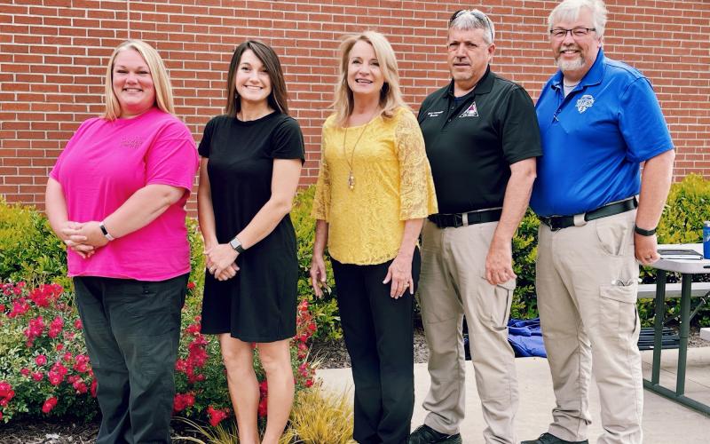From left, Erin Smith, Clay County Health Department nurse practitioner; Clarissa Rogers, interim health director; Debbie Mauney, county manager; Ricky Lancaster, EMS director; Jeff Ledford, Chatuge Family Practice community paramedic/Clay County paramedic.