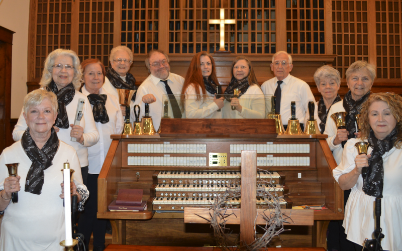 Valley River Ringers are from left, Diane Barfield, Susie Evans,  Luann Bryans, Nancy Jo Willis, Noah Woods, Catie Bryans, Michelle Crawford, Keith Bruce, Suzi Perkins, Anita Sloan and Suzanne West, director.