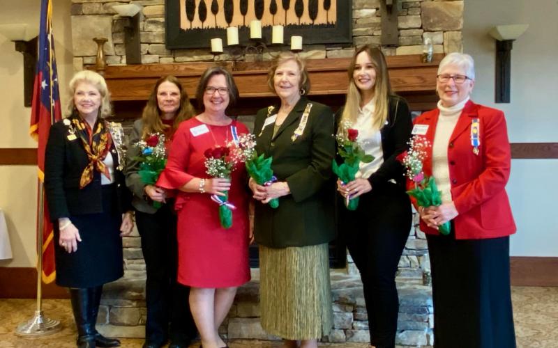 Installation of Officers, from left, are, Betty Brown Harrah, Pam Matthews, Pam Greene, Annette Hopgood, Becky London and Linda Carr.
