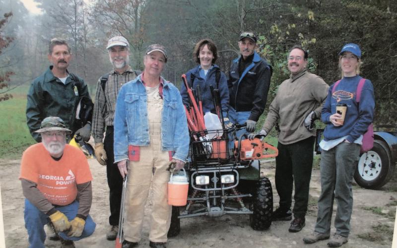 The initial trail crew, somewhere around 2007, from left,  kneeling, Ron Scroggs; front,standing, Frank Mason; back,from left, Dan Goff, Bob Morrell, Joanna Padgett-Atkisson, Fred Lewis, J.C. Rangel and Pam Hayes Rangel.