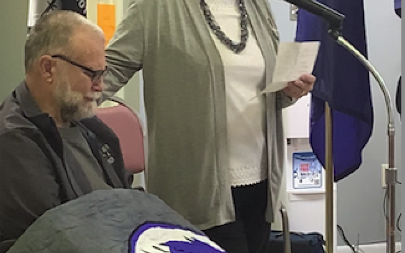 Deby Jo Ferguson • Clay County Progress Marie Leduc offers many thanks on behalf of husband George Leduc as he receives the distinguished Quilt of Valor.