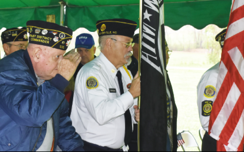 Becky Long • Progress American Legion Past District Commander and Clay County veteran Jack Greve salutes as Bill Thurman and other Color Guard members transport the flags for placement during the 11 a.m. Veterans Day ceremony.
