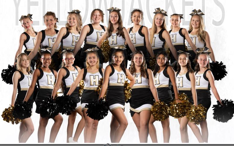 Hayesville Yellow Jacket Midget Cheerleaders are, from, front left, Emma Elver, LaRiah Carr, Kenley Hensley, Josephine Anderson, Camila Briones, Caydence Sims, Camila Nava, Aydah Judd and Emily Howes; back, Alexia Fields, Pyperr Mc- Clure, Paige Frizler, Olivia Grizzle, Olivia Free, Layla Parker, Lily Yarbrough, Addy Patterson, and Madison Sullivan.