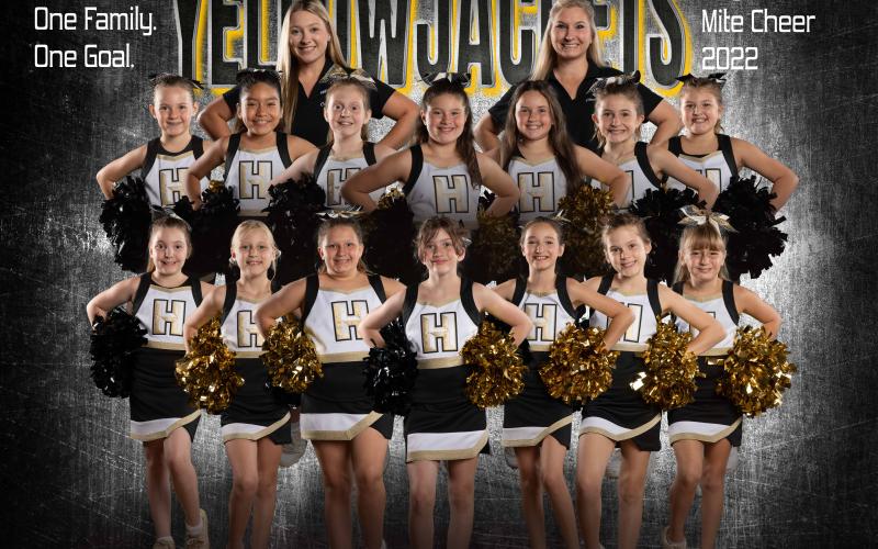 The Hayesville Yellow Jacket Termite Cheerleaders are, from, front left, Indie Ruble, Hannah Parker, Gillian Gillis , Emma Rhodes, Ava Simonds, Aubree Knight, Avrie Gamble, Bayleigh Pendergrass and Bryleigh Nelson; second row, Madison Mann, Lillie Barrett, Lilian Clampett, Leah Dockery, Jocelyn Devore, Kaydence Ford, Karoline Suggs, Landry James and Layla Ledbetter; third row, Zoey Nicholson, Wyle Crossi, Vivi Acevedo, Skylan Stillwell , Natalie Parker, Paisley Thompson, Reese English, Ruby Garrett, and She