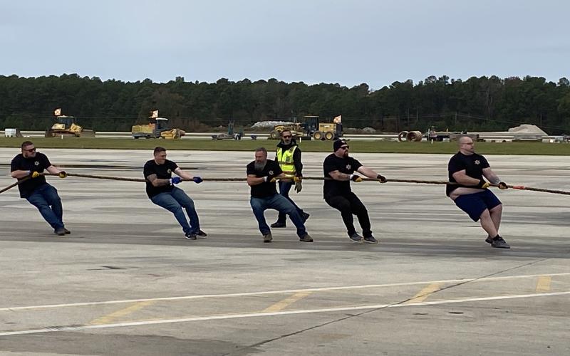 Photo contributed by Clay County Sheriffs Office. A five man team, consisting of Lt. Tyler Faggard, Sgt. Bryan Forsyth, Sheriff Bobby Deese, Cpl. Donovan Byers and Detention Lt. Donovan Burke, from the Clay County Sheriff ’s office took second place in The Plane Pull.