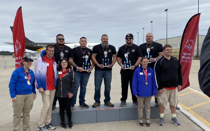Photo contributed by Clay County Sheriff’s Office The Clay County Sheriff’s Office, Lt. Tyler Faggard, Sgt. Bryan Forsyth, Sheriff Bobby Deese, Cpl. Donovan Byers and Detention Lt. Donovan Burke, were presented trophies by Special Olympics athletes.