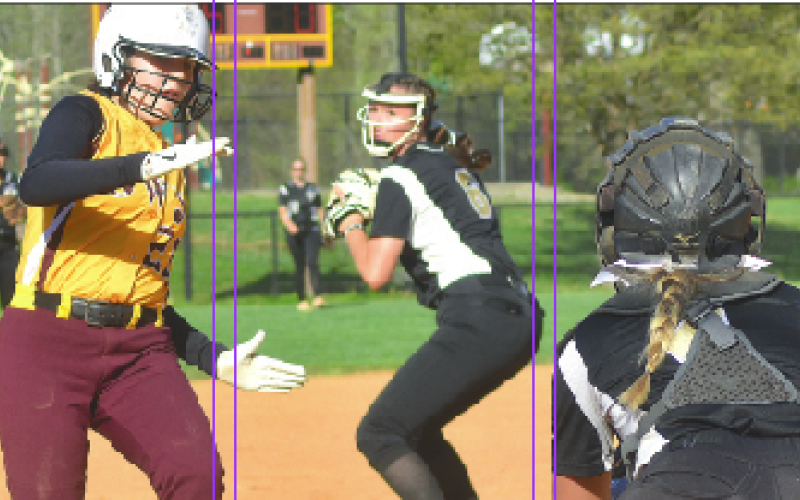 Gary Corsair • Clay County Progress Hayesville's Macie Wagner, No. 6, relays a throw to catcher Faith Odell, No. 4, in hopes of cutting down a Cherokee Brave.