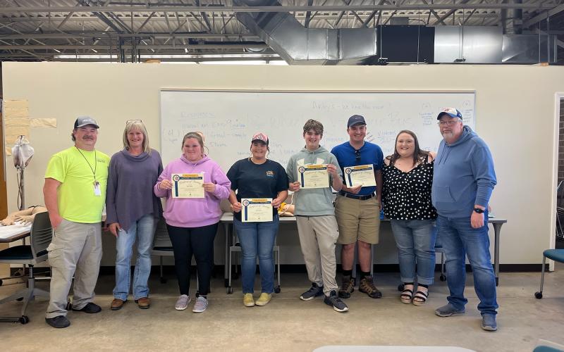 Clay County Paramedic/Peer Support Specialist Program Inaugural Class includes, from left, Ben English, instructor; Kim Fairlie, lead instructor; Kera Guffey, Abbi Sawyer, Wesley Myers, Tyler Robertson, Gerri Mitchell and Jeff Ledford, Fellowship Coordinator.