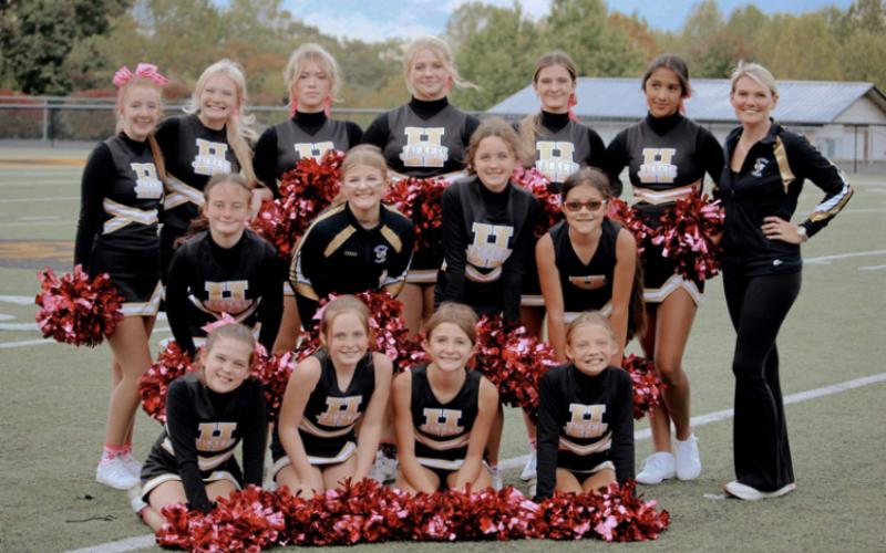Midget cheerleaders, from front left,Olivia Smith,Autumn Whitlow,Dezaray Soto, Kennady Trapp, Second Row, Emily Howes, Colette Stowe, Emma Adams, Kenley Hensley,Lily Yarbrough, Hannah Woodard, Emma Elver, Paige Fritzler, Ayda Judd,Camila Brions Coached by Ariel Thompson. Midgets pulled through and brought home 1st place for Clay County.