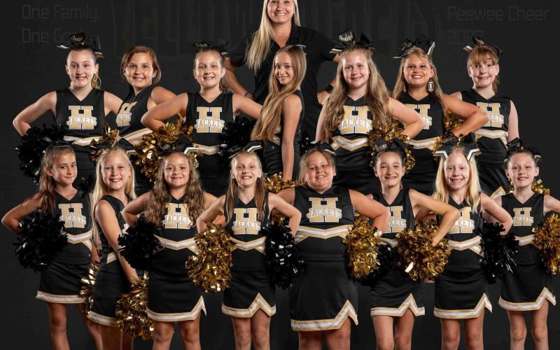 Mite cheerleaders, from front left,Indie Ruble, JayleeParker, Leah Dockery,Maylee Myers,Natalie Parker, Reagan Earles, Wylei Cross,Zoey Nichsolson Back Row,Aubree Knight, Aubrey Whitlow,Briella White,Bryleigh Nelson,Emma-Layne Lockaby and Haylee Bogard. Coached by Nikki Adams. Hayesville Mites placed 2nd at the Smokey Mountain Cheer Competition.