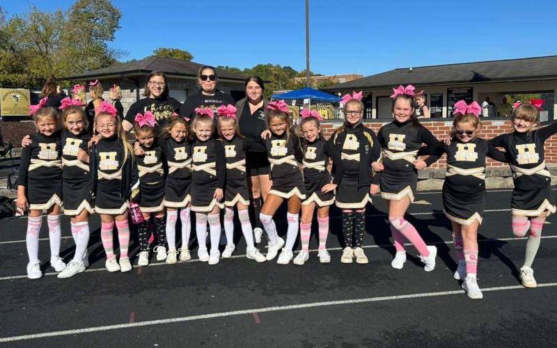 Termite cheerleaders, from front left, Kynleigh Cook,Audrey Moore, Avery Morgan,Alayna Sweeney, Payton Taylor, Olivia Petty, Paislee Moore, Ruby Garrett, Hannah Parker, Bayleigh Pendergrass, Karoline Suggs, Madison Mann, Ava Simonds. Coached by Amanda Danico and Maddison Silknitter. Team mom Michelle moore. Hayesville Termite team brought home 3rd place at Smoky Mountain Conference.