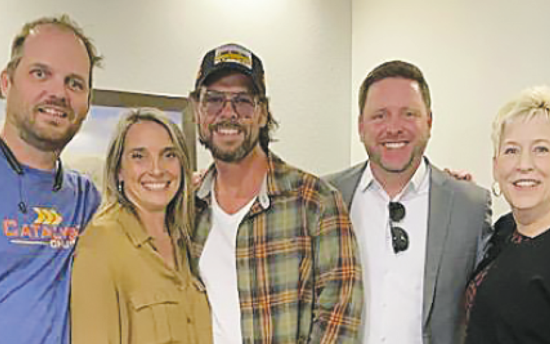 Marcia Barnes • Clay County Progress Members of Catalyst Church spoke with Jason Crabb before his  concert on Sunday, Nov. 19, from left, Derrick Moss, Jessica Crawford, Crabb, Brandon Matheson and Catherine Brown.