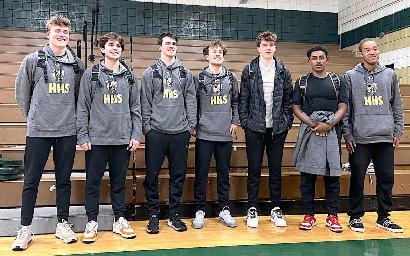 Photo by Beth Chandler Hayesville's seniors, from left, Isaac Chandler, Zach Townsend, Jacob McClure, Landon Hughes, Luke Lee, Asher Brown, and Shawn Plummer pose before taking the court at Eastern Randolph.