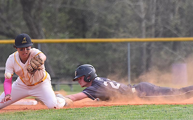 Gary Corsair • Clay County Progress Hayesville's Peyton McGaha gets down and dirty as he steals second base against Murphy. McGaha has 17 stolen bases this season.